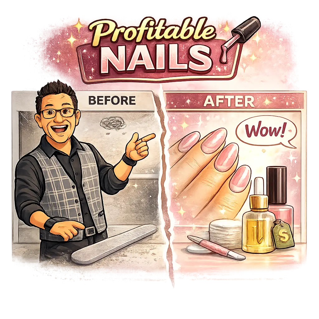 Carl Hinder pointing to a before and after nail salon transformation
