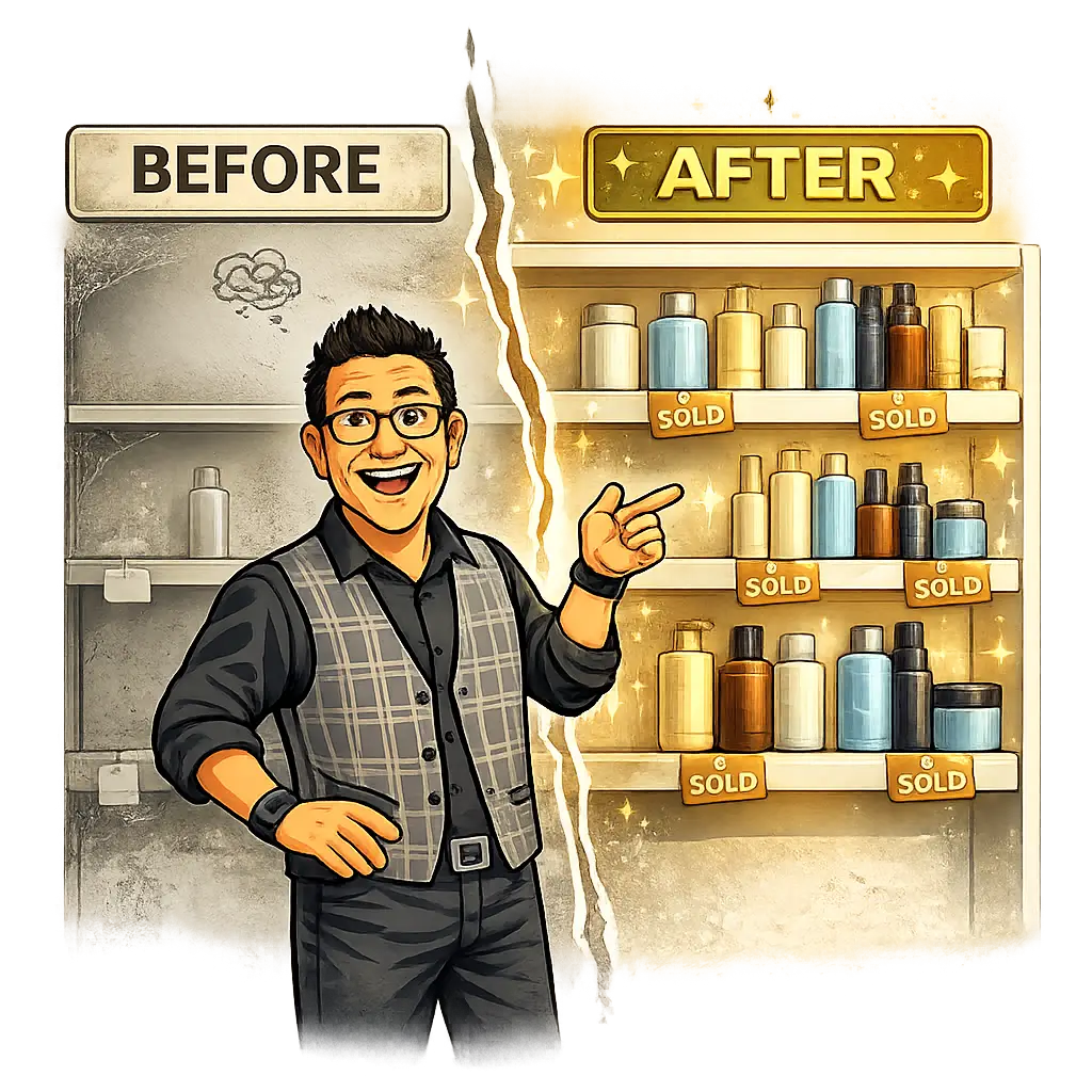 Carl Hinder standing in front of a before and after salon transformation with stocked product shelves