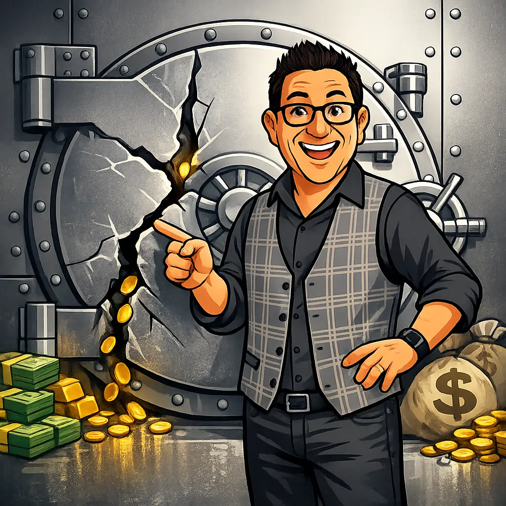 Carl Hinder standing in front of a cracked bank vault with money spilling out