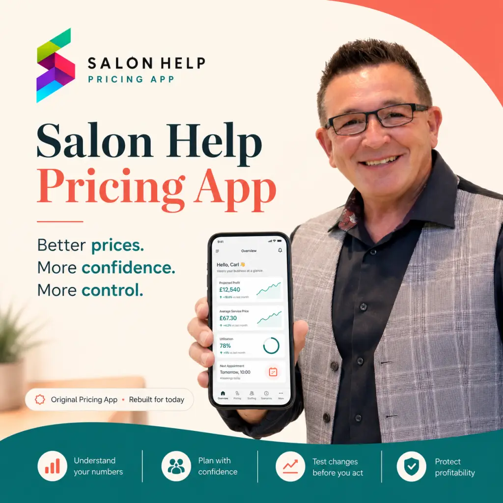 Salon Help Pricing App image showing Carl Hinder with the mobile pricing app for salon, spa and clinic owners