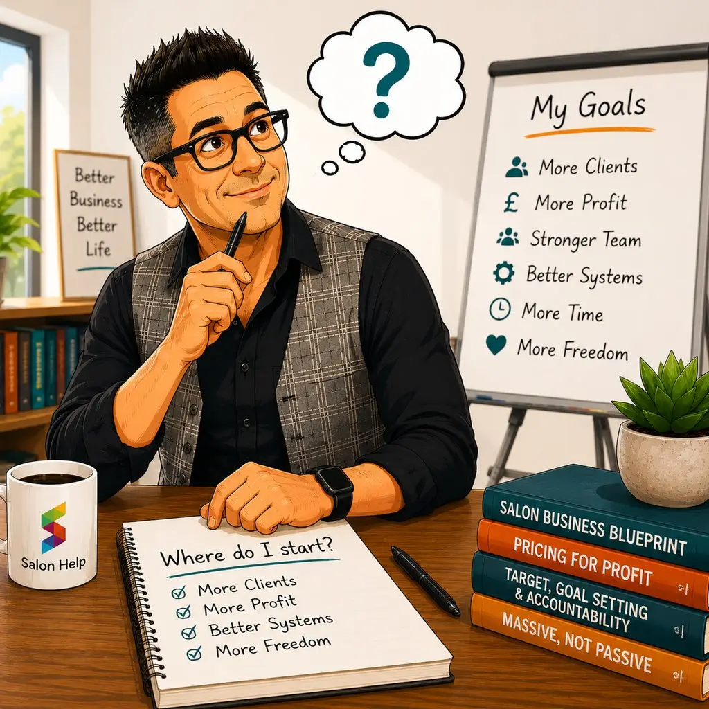 Illustration of Carl Hinder helping a salon owner decide where to start with business coaching and growth planning.
