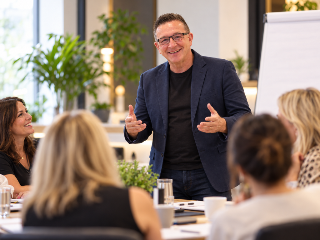 Carl Hinder delivering business training to salon professionals